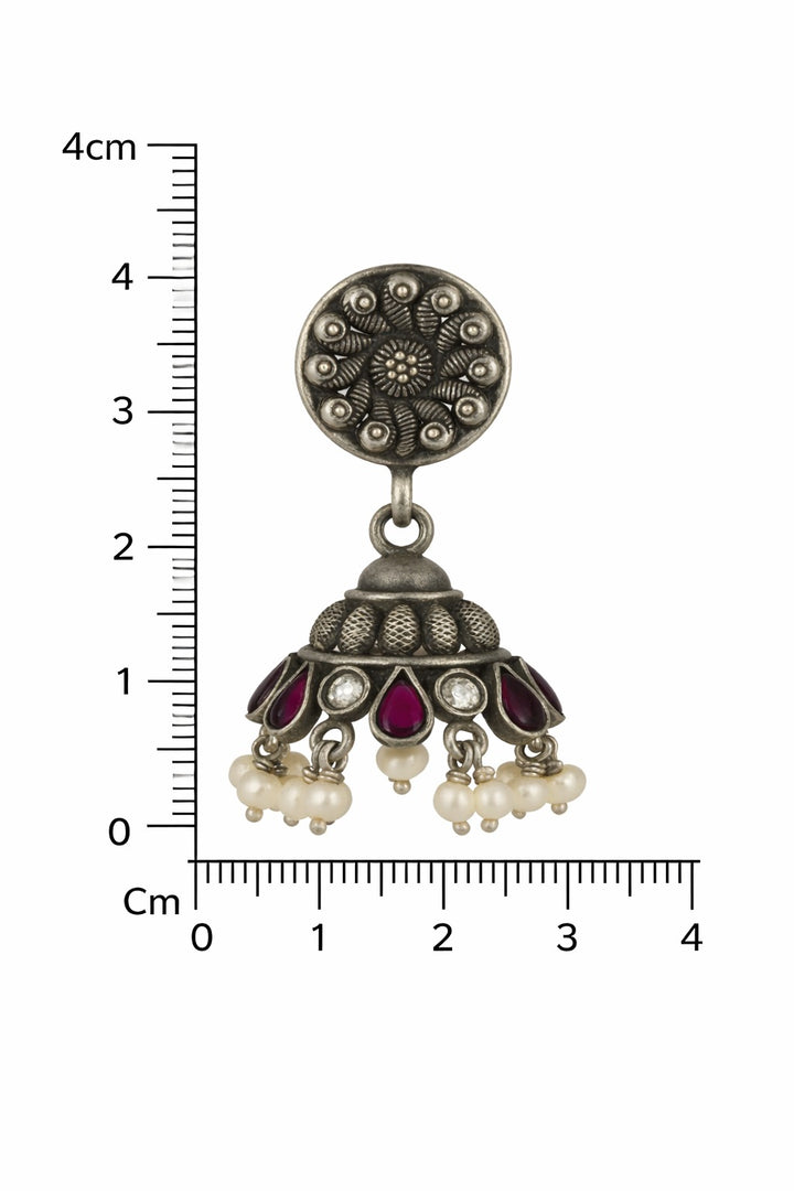 Oxidised Silver Stone-Studded Jhumka Earrings