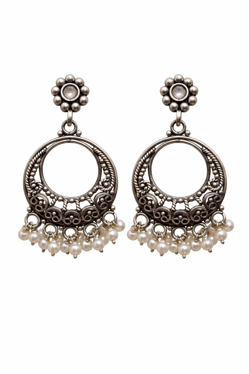Oxidised Silver Circular Dangler Earrings with Pearl Drops