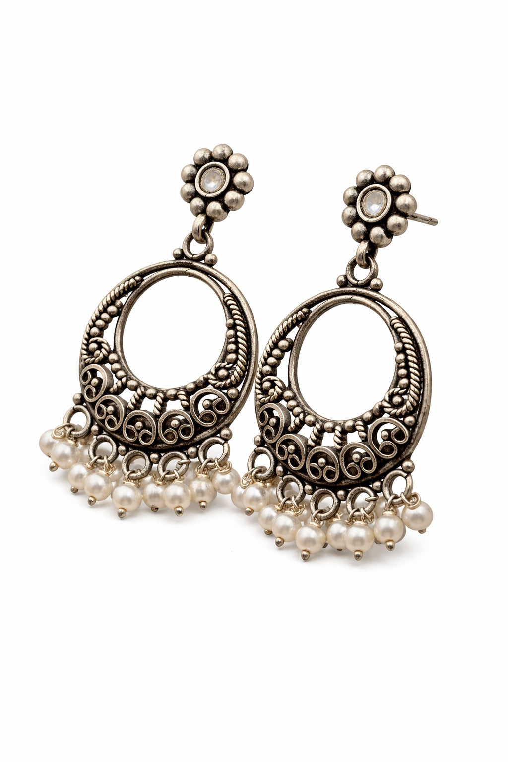 Oxidised Silver Circular Dangler Earrings with Pearl Drops