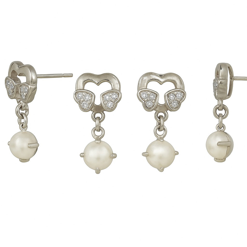 925 Sterling Silver Heart Drop Earrings with Pearl Detailing