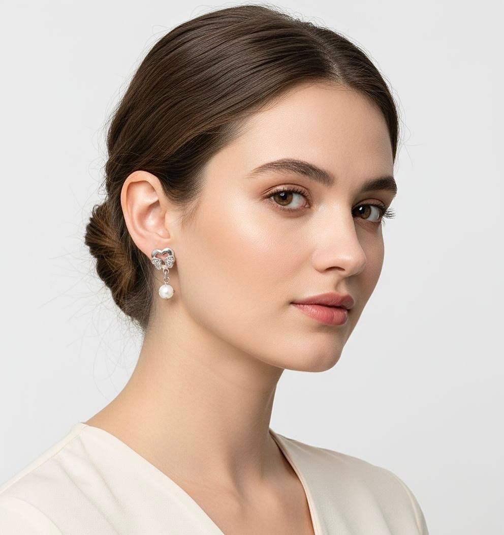 925 Sterling Silver Heart Drop Earrings with Pearl Detailing