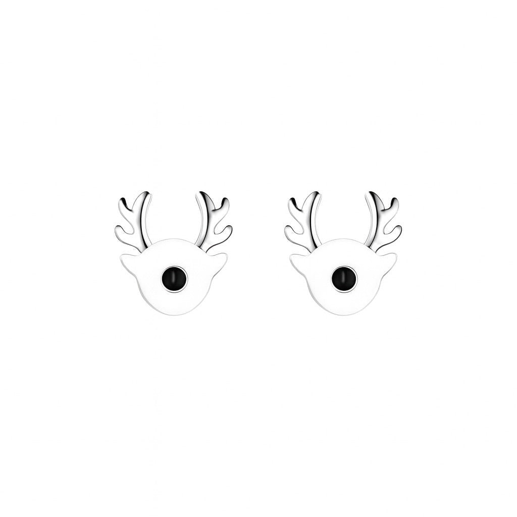 925 Sterling Silver Deer Motif Stud Earrings with Black Stone