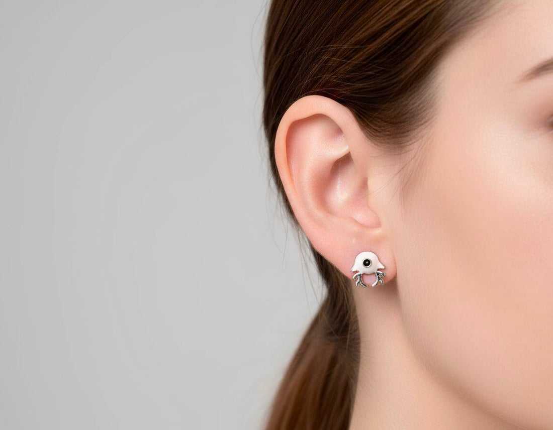 925 Sterling Silver Deer Motif Stud Earrings with Black Stone