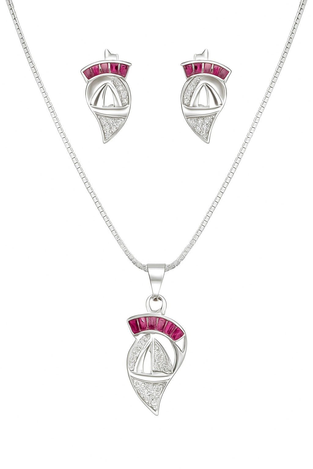 925 Sterling Silver Contemporary Pendant Necklace Set with Ruby-Tone Accents