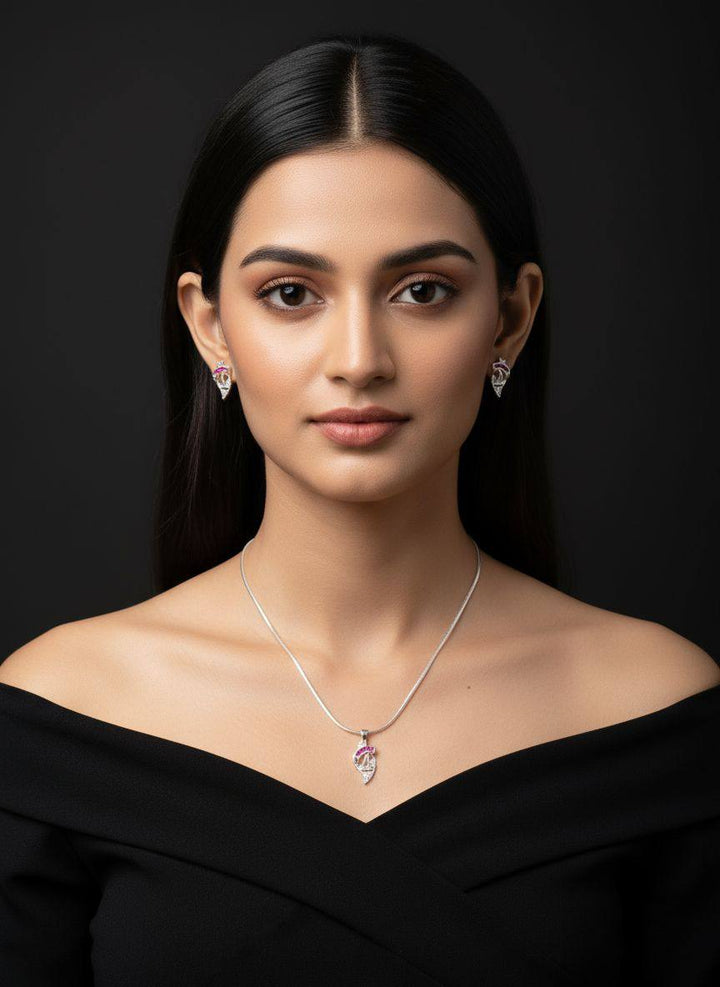 925 Sterling Silver Contemporary Pendant Necklace Set with Ruby-Tone Accents